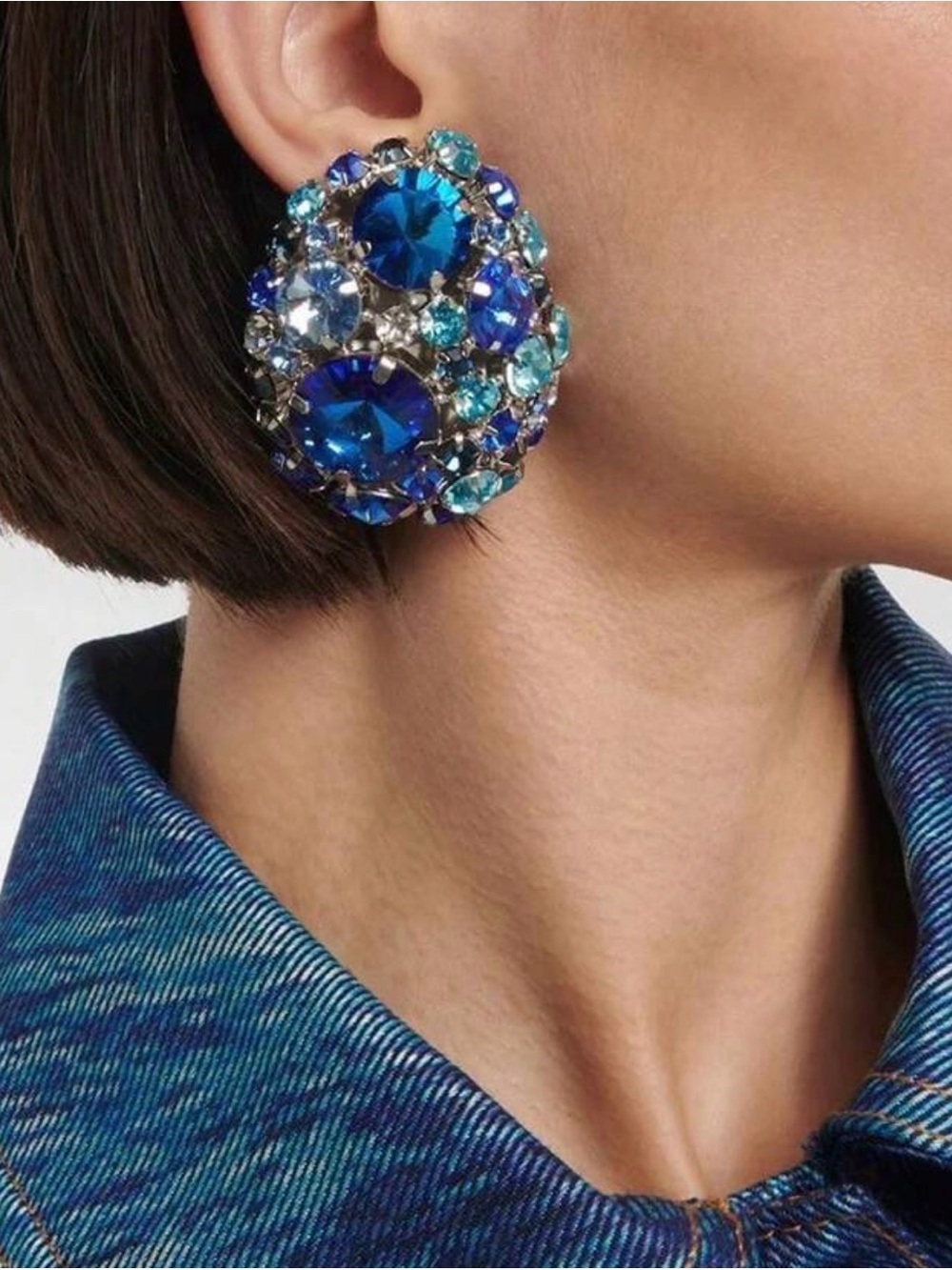 Vintage Blue Crystal Clip-On Statement Earrings